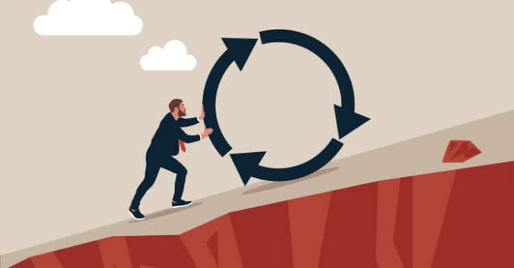 18 Ways to Write Better Blog Posts That Readers Will Finish 9 Illustration of a man in business attire pushing a large circular arrow uphill, symbolizing continuous effort or an ongoing process. This visual metaphor highlights the persistence and strategy required to consistently produce better blog posts.
