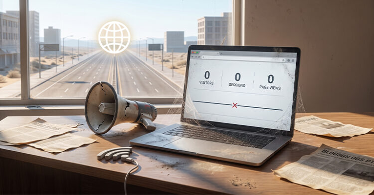Alt text: Dusty laptop on a neglected desk displays a website analytics dashboard with "0 visitors", "0 sessions", and "0 page views" while a cracked megaphone, disconnected WiFi symbol, and empty highway outside the window reinforce the impact of poor SEO keyword research and lack of organic traffic. The visual illustrates how ineffective keyword targeting can leave a website unseen and without visitors.