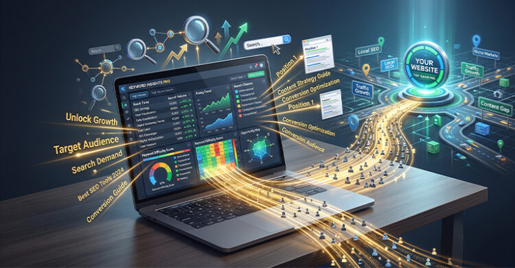 Laptop displaying an SEO keyword research dashboard with keyword trends, search volume, ranking data, and performance charts. Streams of highlighted keywords flow toward a website surrounded by labels including "Local SEO", "Traffic Growth", "Content Gap", "Niche Markets", and "Position 1", illustrating how SEO keyword research helps attract qualified traffic and improve search visibility.