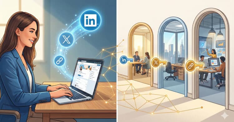 Illustration split into two scenes: on the left, a woman in a blazer smiles while working on a laptop displaying her LinkedIn profile, with icons for LinkedIn, X (formerly Twitter), and a chain link floating above; on the right, three office rooms show professionals collaborating, each room connected to a digital key symbolizing LinkedIn, X, and a link, suggesting networking and platform integration as keys to business access.