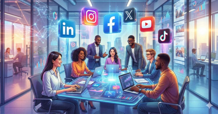 Illustration of a diverse group of professionals collaborating around a futuristic digital table, with holographic icons of LinkedIn, Instagram, Facebook, X, YouTube, and TikTok floating above. Large screens in the background display social media metrics and content, emphasizing a vibrant, tech-driven environment focused on digital marketing and online engagement strategy.