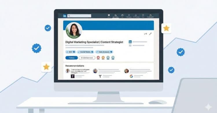 Illustration of a LinkedIn profile on a desktop screen showcasing a woman labeled as a Digital Marketing Specialist and Content Strategist. The profile features skill badges for SEO, social media, and data analysis, with floating icons of stars and verification checks, emphasizing professional credibility and endorsements.