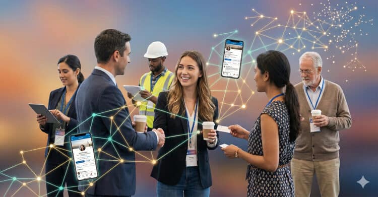 Professionals from diverse industries, including business, tech, construction, and academia, engage in networking at an event, exchanging business cards and using digital devices. Glowing lines and nodes visually connect them, with LinkedIn profile screens floating between, symbolizing the growth of a professional network through both in-person and digital connections.