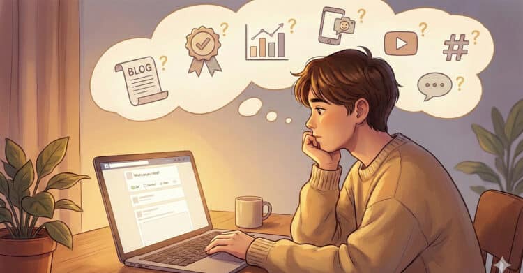 Illustration of a young person in a cozy, softly lit room, thoughtfully staring at a laptop with a Facebook status window open. Above their head, thought bubbles filled with icons—like a blog post, analytics chart, award ribbon, smartphone, YouTube, hashtag, and speech bubble—highlight their uncertainty about what content to create or share online.
