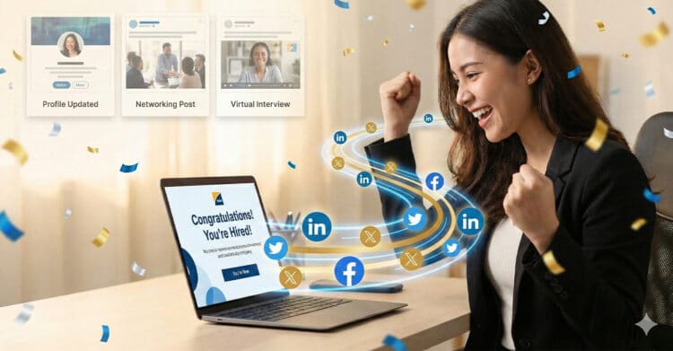A woman in business attire celebrates in front of her laptop, which displays a screen that reads "Congratulations! You're Hired!" Confetti and social media icons like LinkedIn, Twitter, and Facebook swirl around her, while in the background are visuals labeled “Profile Updated,” “Networking Post,” and “Virtual Interview,” representing steps in her job search journey.