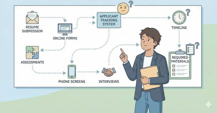 Illustration of a confused job seeker standing in front of a complex hiring process flowchart that includes steps like resume submission, online forms, assessments, phone screens, and interviews. Central to the process is an applicant tracking system, with additional references to a timeline and required materials, highlighting the often overwhelming and unclear nature of job applications.