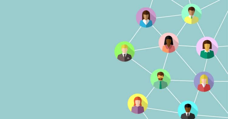 An illustrated network shows diverse profile icons connected by white lines on a light blue background representing relationships and community. The image supports content about building connections and audience networks to Improve Your Brand through trust collaboration and reach.