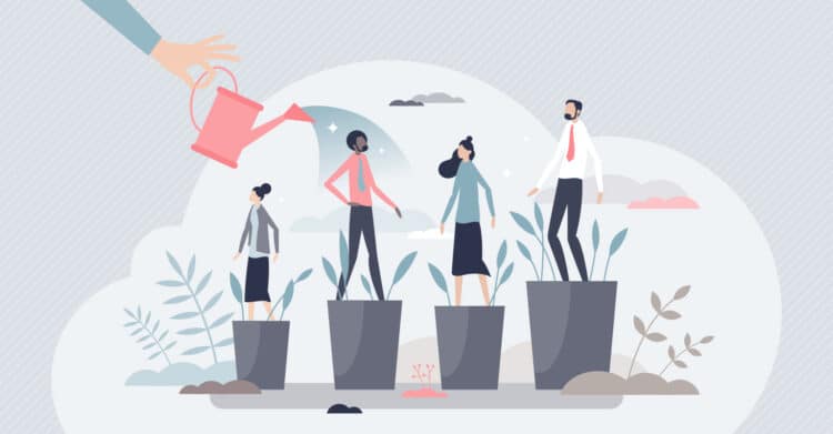 An illustration shows four people standing in plant pots at different heights while a hand waters them with a watering can, symbolizing growth and development. The image supports content about nurturing people strategies and long term investment to Improve Your Brand through steady growth and support.