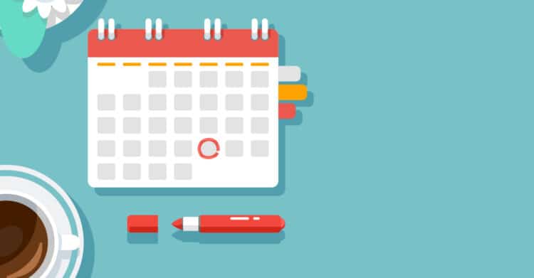 A flat illustration shows a desk scene with a monthly calendar marked with a red circle alongside a pen and a cup of coffee on a teal background. The image represents planning and content scheduling and supports content about consistency and timing to Improve Your Brand.