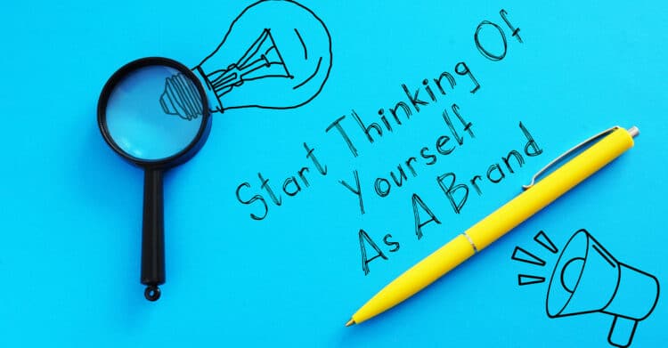 A blue background shows a hand drawn light bulb, a magnifying glass, and a yellow pen next to handwritten text that reads Start Thinking Of Yourself As A Brand. The image reinforces personal branding and mindset shifts, supporting content about how to Improve Your Brand through clarity, self awareness, and strategic positioning.