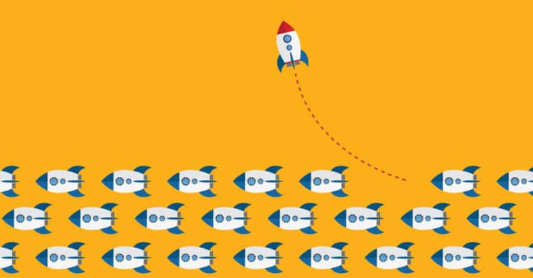 A single rocket breaks away and launches upward while rows of identical rockets continue straight across a bright yellow background. The visual symbolizes differentiation and momentum, supporting content about how to Improve Your Brand by standing out, taking bold direction, and accelerating growth.