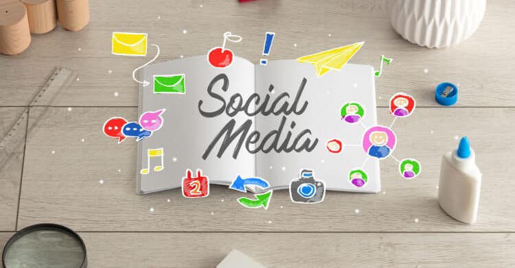 An open notebook on a desk displays the handwritten words Social Media, surrounded by colorful icons representing messages, followers, sharing, photos, and content creation. The image supports content about using social platforms strategically to Improve Your Brand through visibility, engagement, and consistent messaging.