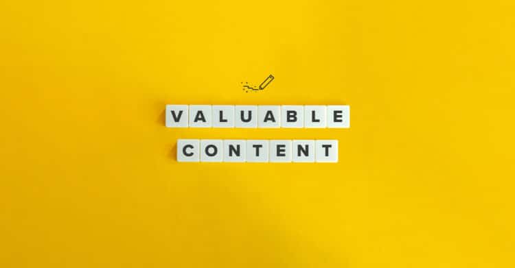 White letter tiles spell out the words Valuable Content on a bright yellow background with a small pencil icon above. The image emphasizes the importance of creating meaningful content to Improve Your Brand by delivering value, clarity, and relevance to your audience.