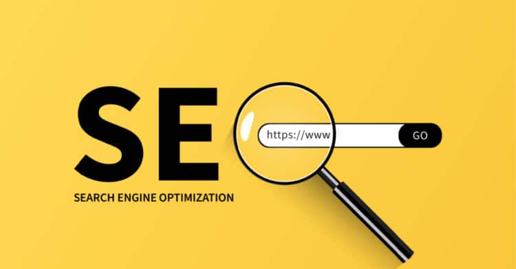 Is Your Blog Post Ready to Publish? A Complete Checklist 5 Yellow graphic with large black letters "SE" and the smaller text "SEARCH ENGINE OPTIMIZATION" beside a search bar. A magnifying glass enlarges the text "https://www
" inside the bar next to a black button labeled "GO," making this a clear visual for a Blog Post Ready article about SEO and search visibility.