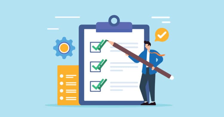 Is Your Blog Post Ready to Publish? A Complete Checklist 6 Illustration of a person holding an oversized pencil and checking boxes on a large clipboard against a light blue background. The completed checklist makes this a strong visual for a Blog Post Ready process focused on final edits, approvals, and publish readiness.
