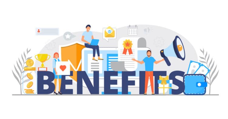 Effective Copywriting: The Core Pillars That Convert 5 Illustrated graphic with the word "BENEFITS" in large blue letters surrounded by finance and marketing symbols including coins, a trophy, a shield, a wallet, a megaphone, documents, and gift boxes. Small cartoon figures stand and sit around the design, making it a strong visual for effective copywriting about highlighting product or service benefits clearly.