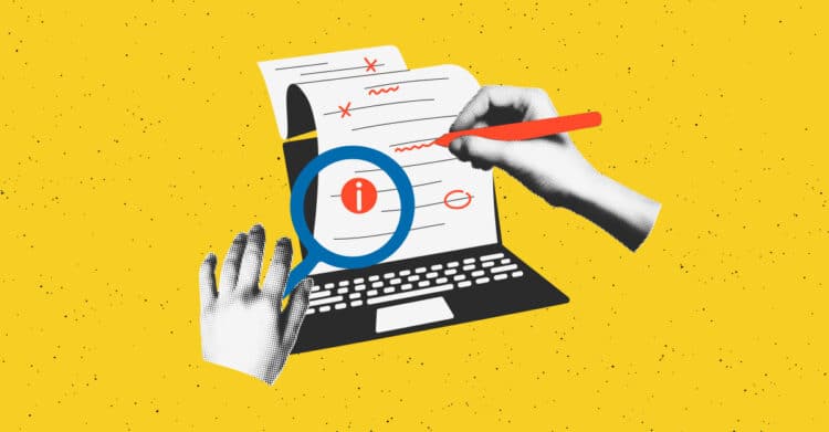Effective Copywriting: The Core Pillars That Convert 7 Stylized illustration of a laptop screen with edited pages, a hand marking corrections with a red pen, and a magnifying glass highlighting information against a yellow background. This visual supports effective copywriting by showing the editing and review process that sharpens clarity, accuracy, and message impact.