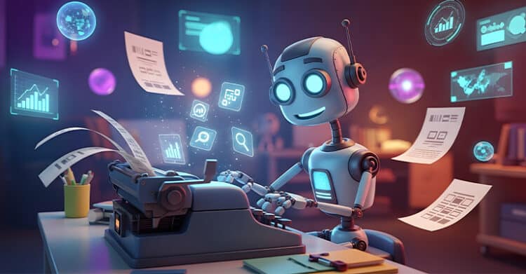A cheerful robot with glowing blue eyes types on a retro typewriter in a futuristic office, surrounded by floating documents and digital icons like graphs, magnifying glasses, and search symbols. The scene visually represents AI-driven SEO copywriting, blending classic writing tools with modern analytics and content optimization.
