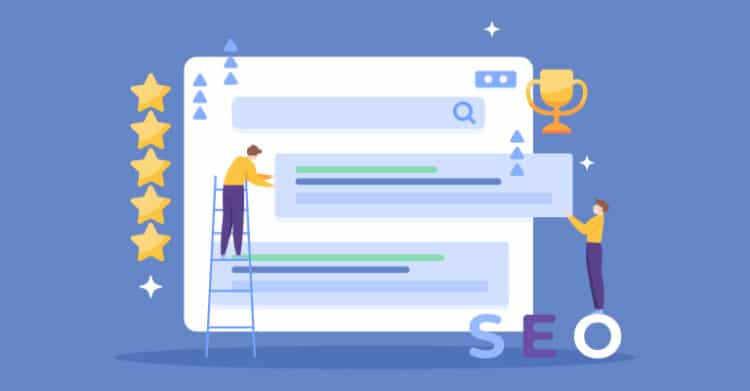 Illustration of two people optimizing a search engine results page, with one on a ladder adjusting rankings and the other lifting a content block upward. Surrounded by stars, arrows, and a trophy, the image represents successful SEO copywriting aimed at boosting visibility and achieving top rankings.