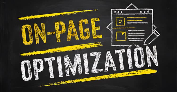 Chalkboard-style graphic featuring bold yellow and white text that reads “ON-PAGE OPTIMIZATION,” alongside a sketched browser window and pencil icon. The image visually reinforces the concept of improving SEO copywriting and content structure directly on a webpage for better search engine rankings.