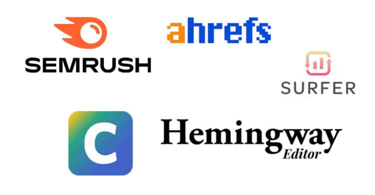 A collage of popular SEO and content tools logos, including SEMrush, Ahrefs, Surfer SEO, Clearscope, and Hemingway Editor, arranged on a white background. The image highlights essential platforms used in SEO copywriting for keyword research, content optimization, readability, and editing.