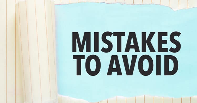 Bold black text reading “MISTAKES TO AVOID” appears on a blue background revealed through torn notebook paper. The image highlights common pitfalls, making it especially relevant for topics like SEO copywriting mistakes and how to prevent them.