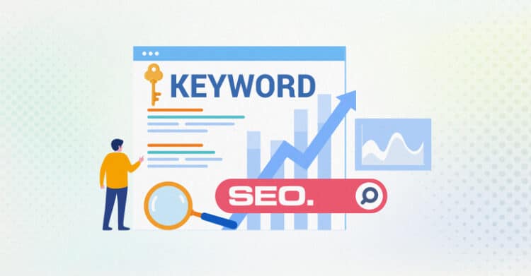 How Does Keyword Length Impact SEO Ranking? 4 Illustration of a person analyzing SEO keyword data on a large screen, featuring a rising bar graph, the word "KEYWORD" with a golden key icon, and a red search bar labeled "SEO." A magnifying glass and line graph suggest data analysis and search optimization.