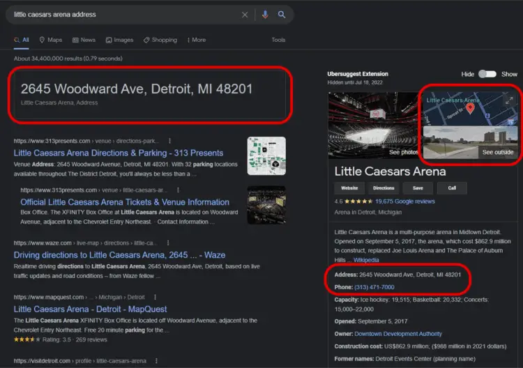 Navigational Search Intent Little Caesars Arena Address
