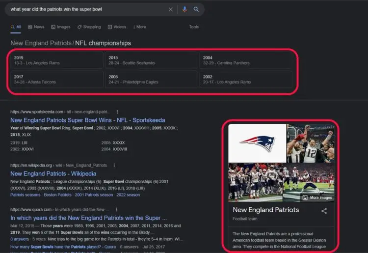 Search Intent New England Patriots Super Bowl