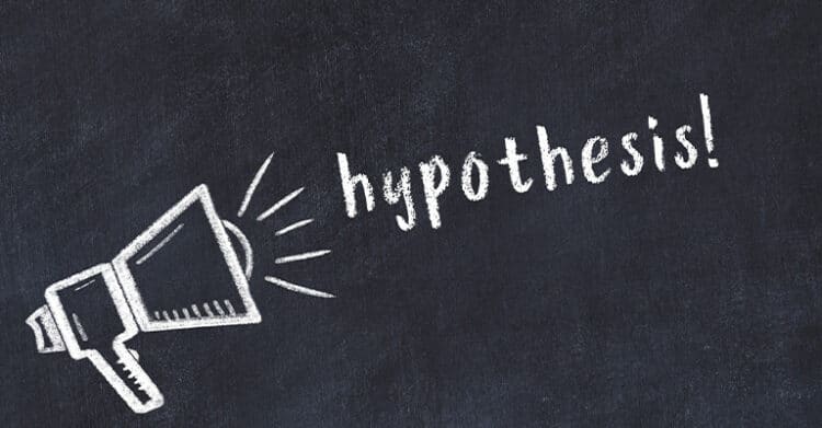 A chalk-drawn megaphone on a blackboard background appears to shout the word “hypothesis!” in bold, white, handwritten-style text. The image symbolizes the announcement or proposal of an idea or assumption, often in a scientific or analytical context.
