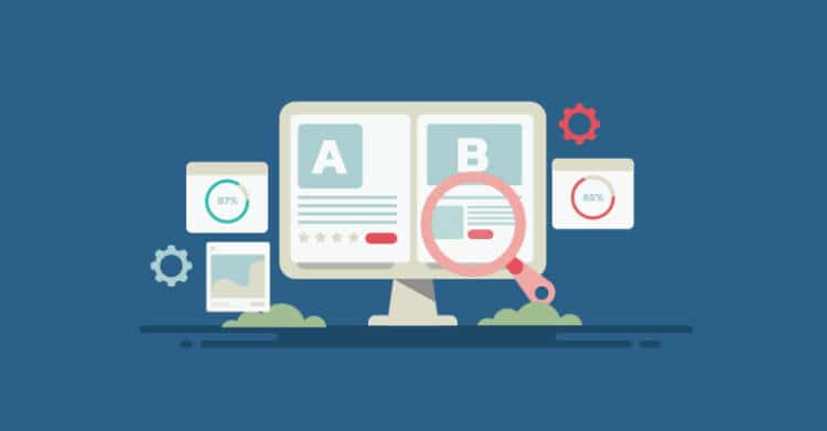 An illustration of a computer screen displays two web page variants labeled A and B side by side, with a large magnifying glass examining option B. Surrounding icons show percentages and charts, symbolizing A/B testing for optimizing website performance or user experience.