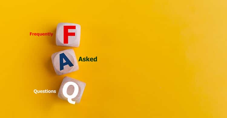 Three wooden blocks on a bright yellow background display the letters F, A, and Q in red, blue, and white respectively, with the words "Frequently," "Asked," and "Questions" aligned beside each. The image visually represents the acronym FAQ in a clean, modern style.