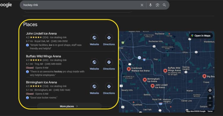 A Google search results page for "hockey rink" displays a list of local ice arenas with ratings, addresses, phone numbers, hours, and quick links for website access or directions. A map on the right shows the rink locations in the Detroit metro area, highlighting options like John Lindell Ice Arena, Buffalo Wild Wings Arena, and Birmingham Ice Arena.