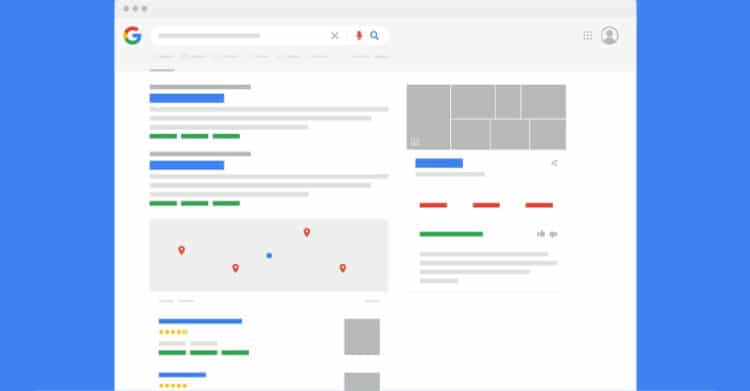 An illustrated mockup of a Google search results page features various elements including blue title links, green URL snippets, a local map with red location pins, star ratings, and a knowledge panel on the right. The image represents a typical layout of SERP (Search Engine Results Page) elements used in SEO and digital marketing analysis.