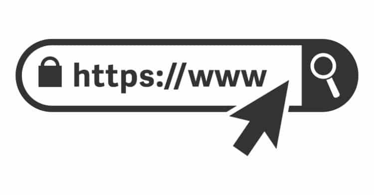 A black and white graphic shows a browser address bar with "https://www
" next to a padlock icon, a large arrow cursor, and a magnifying glass symbol. The image represents secure website access and online browsing or search activity.