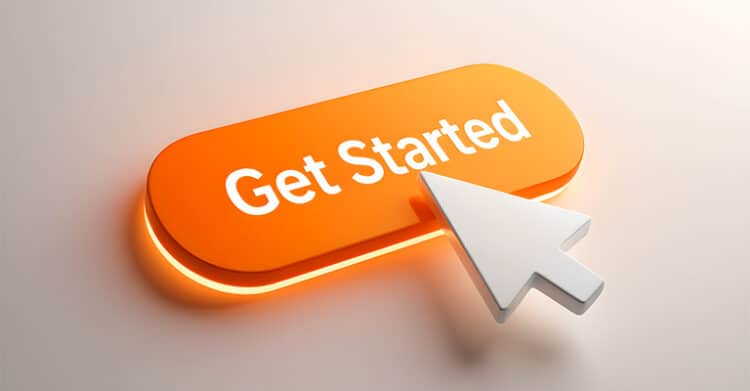 A glowing orange button with white text reads "Get Started," accompanied by a large 3D-style white arrow cursor pointing toward it. The image represents a call to action, encouraging users to begin a process, sign up, or engage with a service or platform.