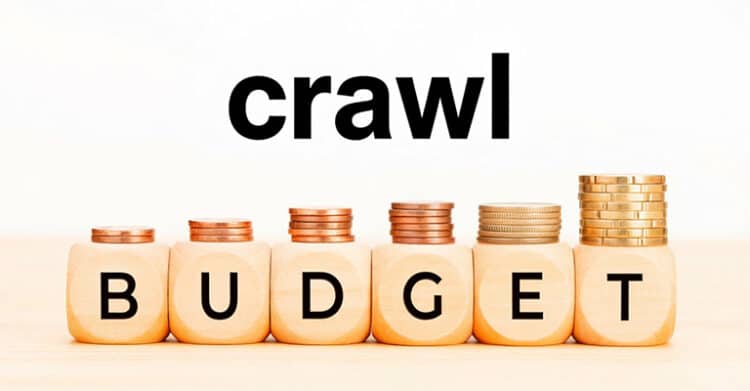 Stacked coins sit atop wooden blocks spelling out "BUDGET," with the word "crawl" written above in bold black letters. The image visually represents the SEO concept of crawl budget, referring to how frequently and thoroughly search engine bots index a website's pages.