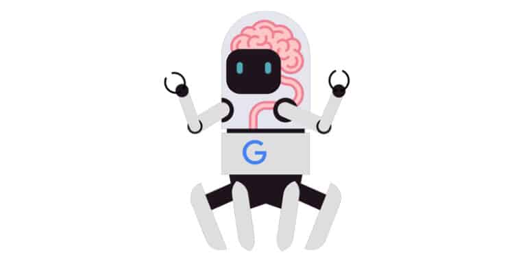 A cartoon-style robot with a visible pink brain inside a transparent dome has robotic arms and legs, a black face with blue eyes, and a "G" on its chest resembling the Google logo. The image playfully represents Google's AI or search algorithm, emphasizing machine learning and intelligent crawling.