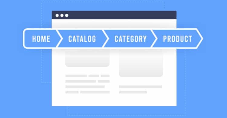 A stylized website mockup shows a breadcrumb navigation path with labeled arrows: "Home," "Catalog," "Category," and "Product." The image highlights user-friendly site structure and SEO best practices for guiding visitors and search engines through a website's hierarchy.