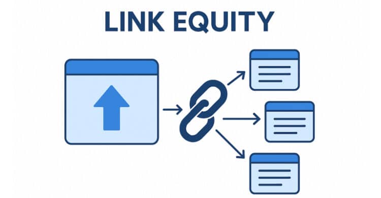 A diagram labeled "Link Equity" shows a web page icon with an upward arrow linking to a central chain symbol, which branches out to multiple smaller content boxes. The image represents how authority or SEO value is passed from one webpage to others through internal or external links.