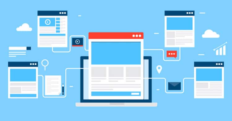 An illustration of a laptop surrounded by multiple connected web pages, icons, and data elements on a light blue background. The image represents a networked digital ecosystem, symbolizing concepts like content marketing, SEO strategy, or integrated website architecture.