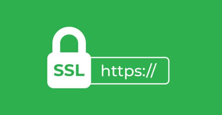 A green background features a white padlock icon labeled "SSL" next to a web address bar beginning with "https://". The image represents website security using SSL certificates, which encrypt data and signal trustworthiness to users and search engines.
