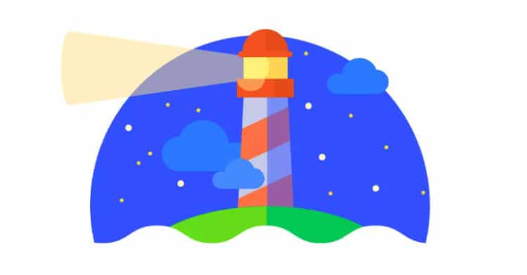 A colorful illustration of a red and white striped lighthouse shines a beam of light across a starry night sky with scattered clouds, set on a green hill. The image represents Google Lighthouse, a tool used for auditing website performance, accessibility, SEO, and best practices.