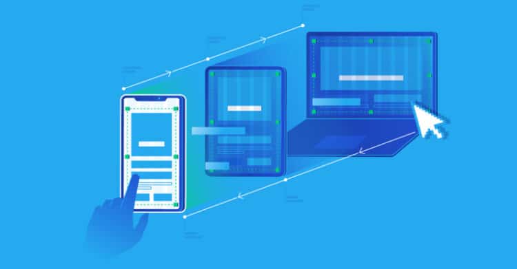 A digital illustration shows a mobile phone, tablet, and laptop with interface design grids and elements, connected by arrows, along with a hand tapping the phone and a cursor pointing to the laptop. The image represents responsive web design, highlighting the importance of optimizing websites for different screen sizes and devices.