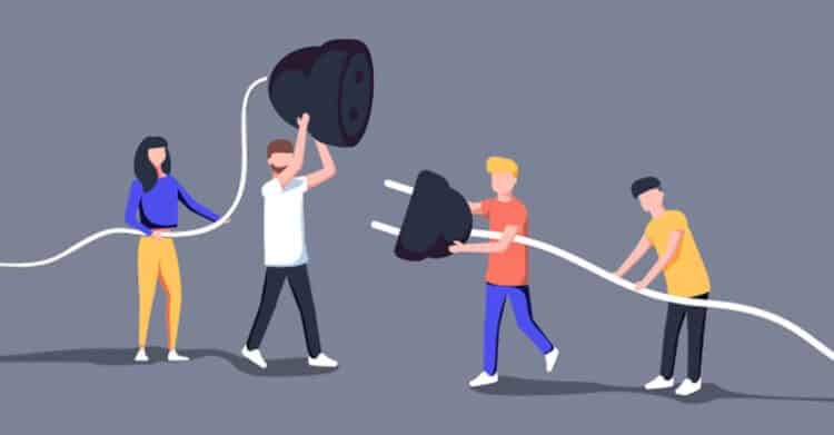 An illustration shows four people working together to connect a giant plug and socket, symbolizing teamwork and collaboration. The image represents the concept of connection, integration, or problem-solving in a creative and engaging way.