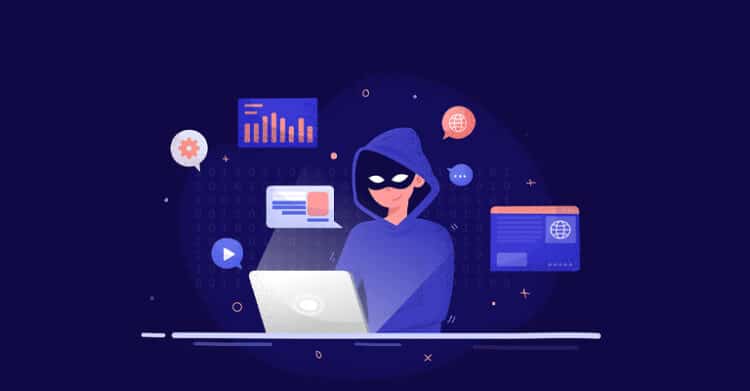 An illustration shows a masked figure in a hoodie using a laptop, surrounded by digital icons like credit cards, graphs, and data windows, all set against a dark binary background. The image represents cybercrime or hacking, highlighting threats such as data breaches, identity theft, or online fraud.