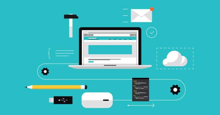 A flat design illustration shows a laptop displaying a website layout, surrounded by icons including a pencil, mouse, USB drive, code, gears, cloud storage, and an email notification. The image represents web development and digital content creation, emphasizing the tools and processes involved in building and maintaining a website.
