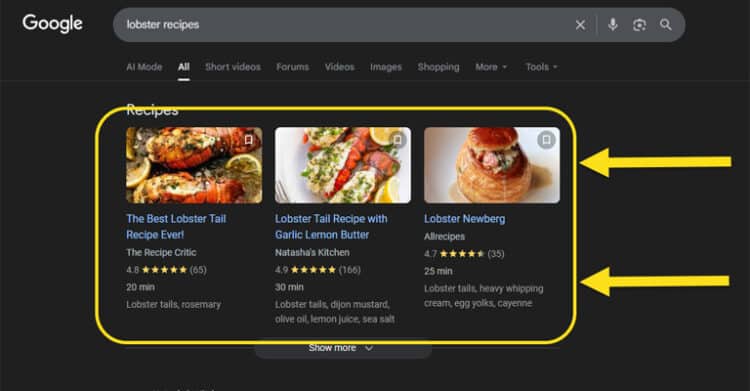A Google search results page for "lobster recipes" highlights the top recipe carousel featuring three dishes: lobster tail with rosemary, lobster tail with garlic lemon butter, and lobster Newberg. Each recipe listing includes an image, star rating, preparation time, and main ingredients.