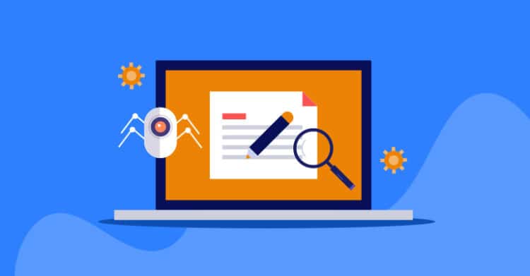 A flat-style illustration shows a laptop screen displaying a document with a pencil and magnifying glass icon, symbolizing content creation and analysis. A robotic spider, representing a web crawler or search engine bot, hovers nearby, highlighting the concept of SEO and how search engines index written content.