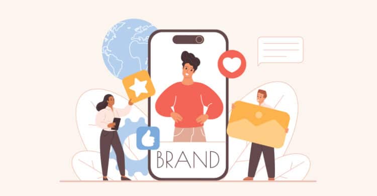 A flat illustration shows a person inside a smartphone screen labeled BRAND while two other people interact with social icons like a heart, thumbs up, and a star. The globe, chat bubble, and oversized envelope suggest building a personal brand through social media engagement and online communication.